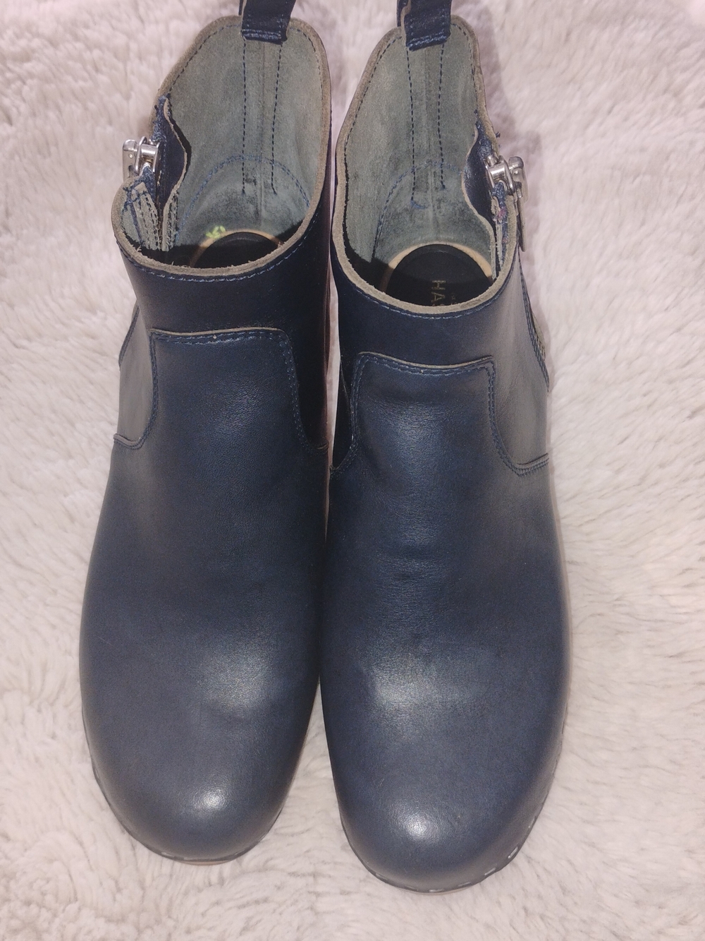 Swedish Hasbeens Navy Leather Ankle Booties with Side Buckle